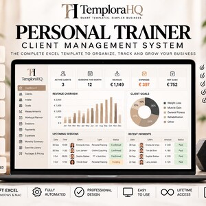 May include: A digital personal trainer client management system displayed on a laptop screen. The interface features a dashboard with revenue charts, client goals, and session logs. Text includes TemploraHQ, Personal Trainer Client Management System, and 12 Tabs All-In-One Solution. The layout is organized with icons for managing clients, tracking progress, and scheduling sessions.