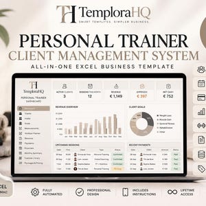 以下が含まれることがあります： ノートパソコンの画面に表示されたパーソナルトレーナー向け顧客管理システム。ダッシュボード、収益概要、クライアントの目標、セッション追跡機能を含むExcelビジネス用テンプレート。Microsoft Excelのロゴアイコン付き。