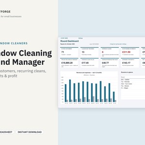 May include: A digital dashboard titled Window Cleaning Round Manager by SheetForge, featuring data tables and a bar chart for tracking customers, recurring cleans, payments, and profit. The interface displays financial metrics in British pounds.