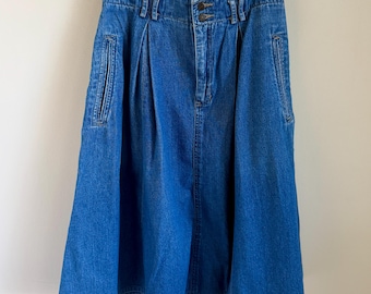 Vintage High Waist Plissee A-Linien-Jeans-Midirock aus den 80er Jahren von Liz Wear