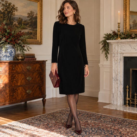 Brooks Brothers, Brooks Brothers Black Velvet Shift Dress Beaded Neckline 80s Vintage