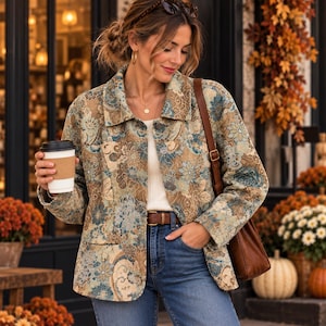 May include: A long-sleeve button-up jacket featuring a multi-colored floral and paisley tapestry pattern in shades of blue, brown, and cream. The jacket has a classic collar, two front pockets, and is worn over a white ribbed top with blue jeans.
