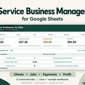 May include: A digital Service Business Manager template for Google Sheets featuring a dashboard titled Your business, in view. It displays financial metrics like money received, cash after costs, customer debt, and job profit for September 2026.
