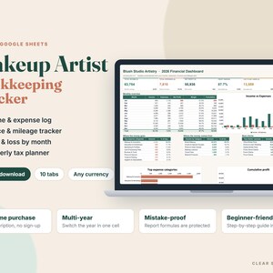 Könnte beinhalten: Ein digitaler Buchhaltungstracker für Visagisten für Excel und Google Sheets auf einem Laptop-Bildschirm. Die Benutzeroberfläche zeigt ein Finanz-Dashboard für 2026 mit Einnahmen-, Ausgaben- und Gewinnzahlen sowie eine Liste der Funktionen.