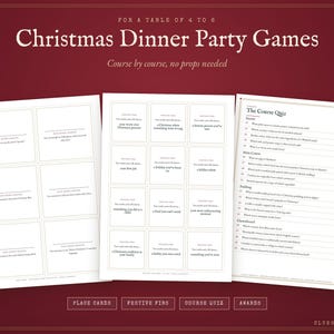 Puede incluir: Un juego de mesa para la cena de Navidad para 4 a 6 personas, que incluye tarjetas con temas como 'tu peor regalo de Navidad' y una hoja de cuestionario con preguntas numeradas sobre comida y tradiciones festivas.