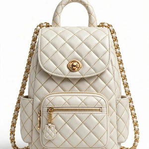 May include: A cream-coloured quilted backpack featuring a diamond pattern, a top handle, and gold-tone chain straps. The front includes a flap with a gold-tone turn-lock closure, a zipped pocket with a small quilted charm, and two side pockets.