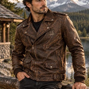 Men’s Distressed Brown Leather Biker Jacket with Wolf Emblem and Vintage Zipper Details