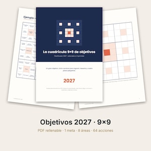 Può includere: Un documento pianificatore di obiettivi 2027 intitolato La cuadrícula 9x9 de objetivos, con una copertina blu scuro con una grafica a griglia, pagine bianche con layout a griglia e il testo Objetivos 2027 9x9 PDF rellenable 1 meta 8 áreas 64 acciones.