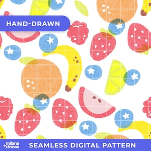 Op de afbeelding: Een naadloos digitaal patroon met handgetekende fruitillustraties op een witte achtergrond. Het ontwerp bevat rode aardbeien, blauwe bosbessen, gele bananenstukjes, oranje citrusvruchten en roze watermeloenpartjes.
