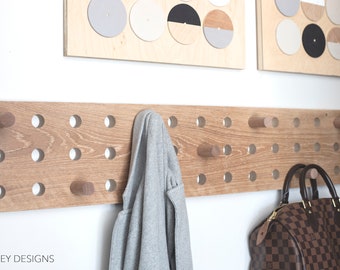 Modern Wall Rack Pegboard Solid Oak and Walnut Wood Coat Rack Wall Organizer