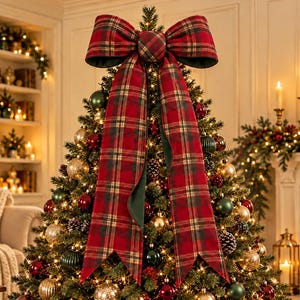 Puede incluir: Un gran lazo decorativo para la punta del árbol de Navidad con un patrón de cuadros escoceses en rojo, verde y dorado. El lazo tiene dos cintas largas y fluidas que caen por el frente del árbol, decorado con adornos rojos y dorados.
