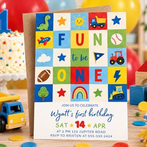 Fun to Be One First Birthday Invitation, Colorful Patchwork Grid, Editable Canva Template