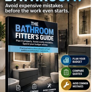 Puede incluir: Una guía digital titulada The Bathroom Fitter's Guide con una portada que muestra un interior de baño moderno. El texto incluye Planning a New Bathroom, Avoid expensive mistakes, y presenta iconos para planificar presupuestos, comparar presupuestos y evitar errores.