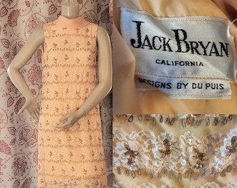 Vintage Peach Cocktail Dress Beads and Sequins attached Chiffon Scarf Jack Bryan Designed by Du Puis