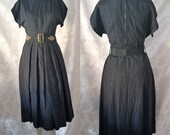 1960s Vintage Black Satin Swirl Brocade Cocktail Dress with Box Pleats Original Belt