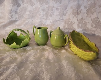 Vintage Lot of Three Lime Green Ceramic Server Ware Cream and Sugar, Pickle Tray, Cabbage Basket