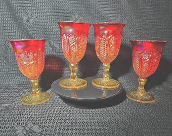 Vintage Set of Four Indiana Carnival Glass Amberina Sunset Iridescent Goblets Wine Glasses Glow