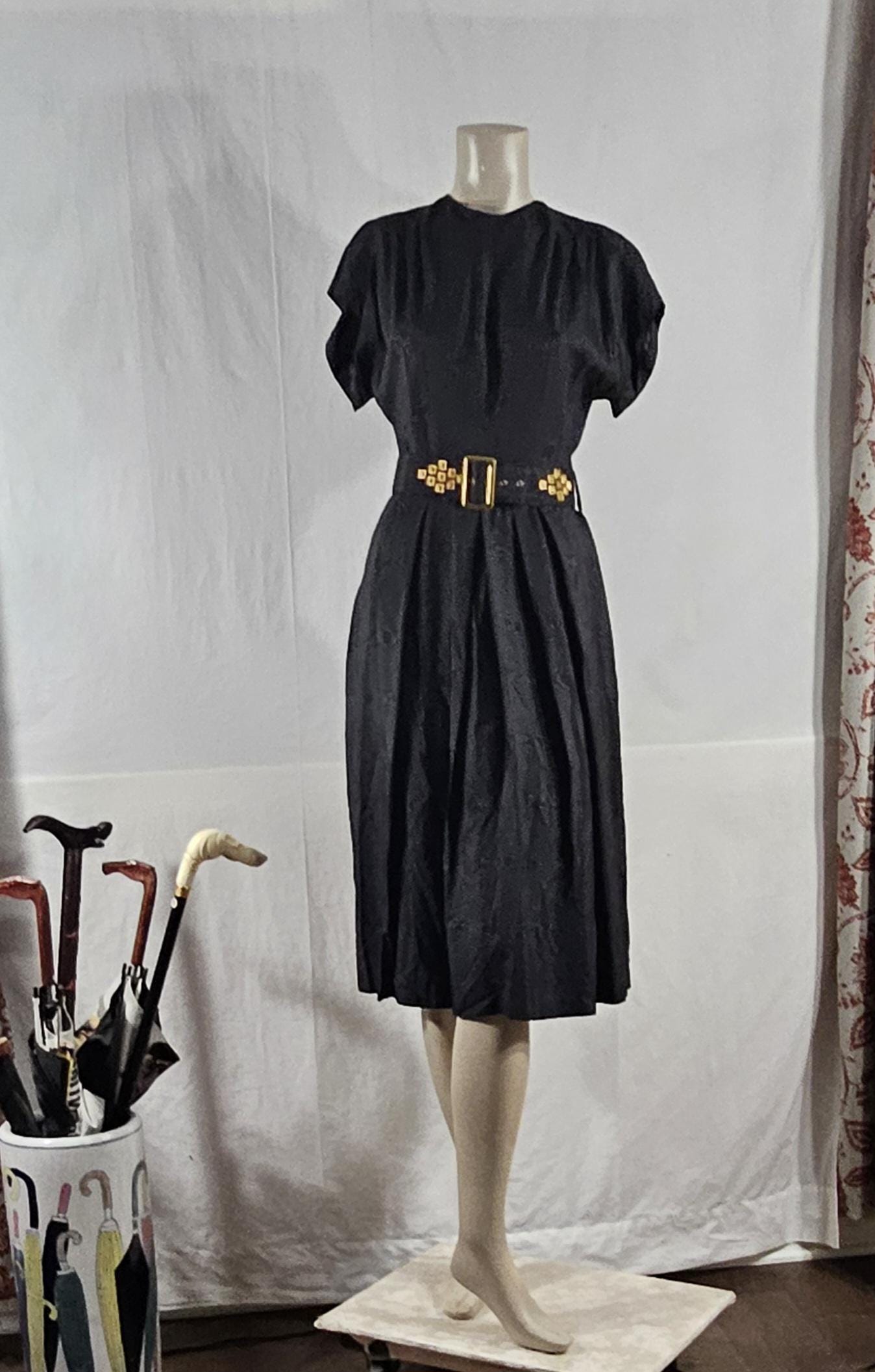 1960s Vintage Black Satin Swirl  Brocade Cocktail Dress with Box Pleats Original Belt