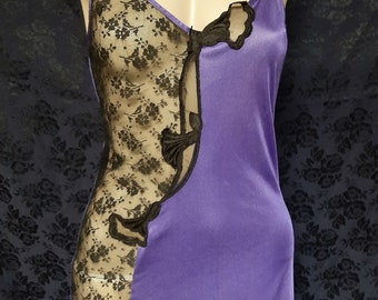 Vintage Purple and Black Lace Nightgown Very High Thigh Slit Peek a Boo Lace Enhancements Long Maxi Gown Sexy by Jennelle