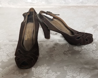 1940s Suede Mary Jane Heels: Vintage Sling Back Pumps, Size 5