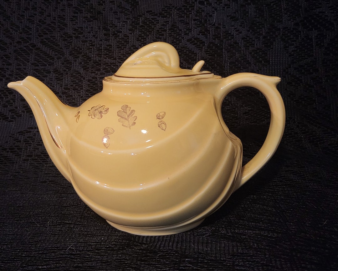 Vintage Hall Airflow Teapot Yellow With Gold Acorns Art Deco 6 Etsy