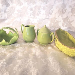 Vintage Lime Green Ceramic Serverware Set: Cabbage Basket, Cream & Sugar, Pickle Tray