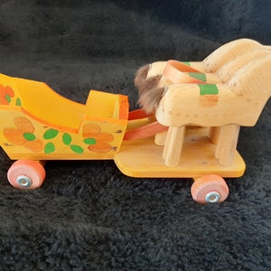 Vintage Folk Art Horses Pulling an Apple Cart Made in Russia Hand Carved and Hand Painted New Condition