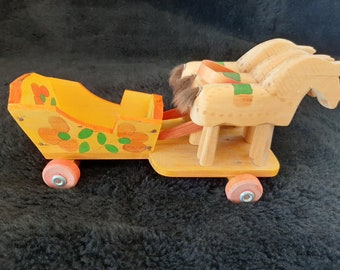 Vintage Folk Art Horses Pulling an Apple Cart Made in Russia Hand Carved and Hand Painted New Condition