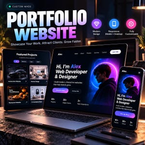 May include: A portfolio website display featuring a laptop, tablet, and smartphone showing a web developer's site. The interface includes text like "Hi, I'm Alex Web Developer & Designer" with neon purple and blue circular lighting accents.