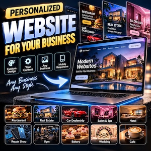 Peut inclure: Un ordinateur portable affichant un design de site web avec le texte Personalized Website For Your Business. L'écran montre une maison moderne, tandis que des panneaux en dessous présentent des images pour restaurant, immobilier, garage et café.