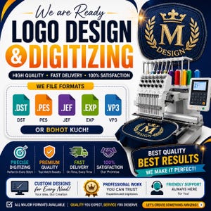 Pode incluir: Um anúncio digital de design de logótipo e digitalização de bordados com uma máquina de bordar branca de várias agulhas, um emblema de logótipo azul escuro com uma coroa e a letra M dourada, e ícones para formatos DST, PES, JEF, EXP e VP3.