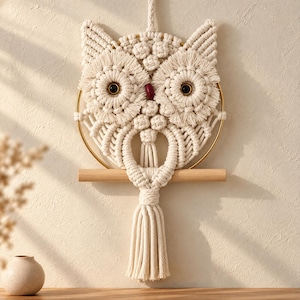 May include: A macrame owl wall hanging crafted from off-white cotton cord. The design features two large circular eyes with dark centers, a small red beak, and a long tassel at the bottom, all mounted on a gold metal ring and wooden dowel.