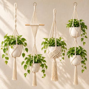 Handmade Cotton Macrame Plant Hangers, Boho Indoor Decor (4 Designs)