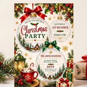 Könnte beinhalten: Eine Weihnachtsparty-Einladungskarte mit drei klaren Glaskugeln, die an Tannenzweigen hängen. Die Kugeln enthalten Text, darunter 'You're invited to a Christmas party', 'Saturday 1st December from 6 PM' und 'The Johns Residence, 123 Main Street, Houston, AB 5000, RSVP Maria 0400 123 456 by 20 November'.