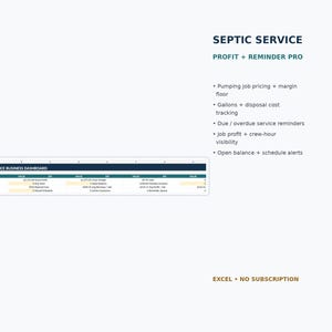 Könnte beinhalten: Eine digitale Tabellenkalkulationsvorlage für ein Septik-Service-Business-Dashboard. Die Oberfläche zeigt Kennzahlen wie Auftragsumsatz, Bruttogewinn und Entsorgungskosten. Text: Septic Service, Profit + Reminder Pro, Excel No Subscription.