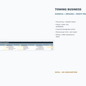 Spreadsheet voor sleepbedrijf | Sleepwagenplanning, opslag van in beslag genomen voertuigen, autoclub, politie-inzet en winsttracker | Excel-sjabloon