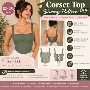 Puede incluir: Un patrón de costura digital para un top tipo corsé estilo bustier, con espalda acordonada y tirantes anchos. El PDF incluye instrucciones paso a paso, tablas de tallas de XS a 3XL y formatos de impresión A4, US Letter y A0.