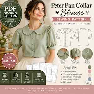 Peut inclure: Un patron de couture PDF numérique pour un chemisier vert sauge avec un col Claudine, des manches courtes bouffantes avec poignets et une patte de boutonnage avant. Le patron inclut des dessins techniques, tailles XXS-5XL et instructions.