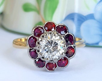 Spectacular Vintage Diamond & Ruby Halo Engagement Ring ~ Total Natural Gem Weight 1.70 Carats ~ Stunning Quality ~ Sustainable Luxury