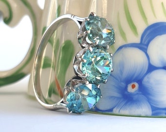 Radiant 5.28 Carat Vintage Natural Zircon Engagement Ring ~ Wedding Band ~ Trilogy Ring~ Ocean Blue Statement Ring, Calling All Mermaids