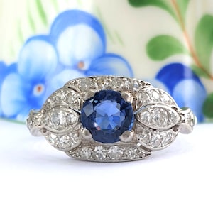 Antique Edwardian Natural Sapphire & Rare White Diamond Ring ~ Platinum ~ Handcrafted ~ Sustainable Luxury ~ Engagement or Right Hand Ring