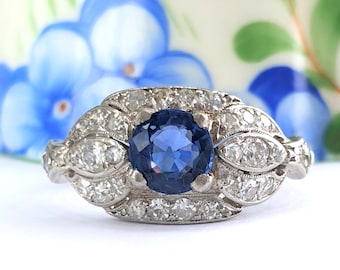 Antique Edwardian Natural Sapphire & Rare White Diamond Ring ~ Platinum ~ Handcrafted ~ Sustainable Luxury ~ Engagement or Right Hand Ring