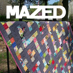 Colorful scrappy modern quilt pattern titled MAZED