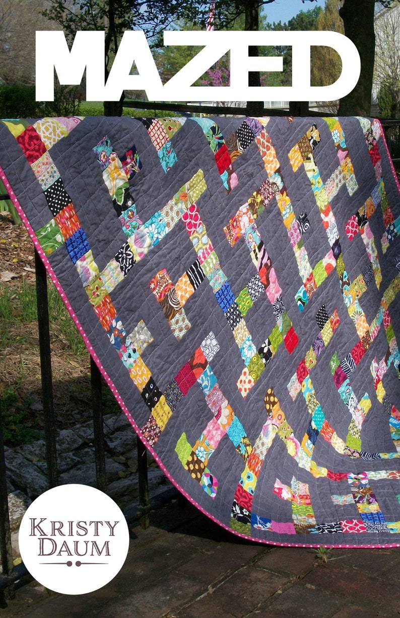 Colorful scrappy modern quilt pattern titled MAZED