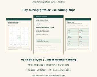 Puede incluir: Un kit digital de juego de bingo para baby shower de CarterPageStudio con 30 tarjetas prellenadas, 40 fichas de llamada y una lista de verificación. Incluye instrucciones para la apertura de regalos, lenguaje neutro y 40 páginas en tamaños US Letter y A4.