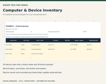 Computer & Device Inventory Spreadsheet for Excel, Tech Organizer, Purchase and Warranty Tracker