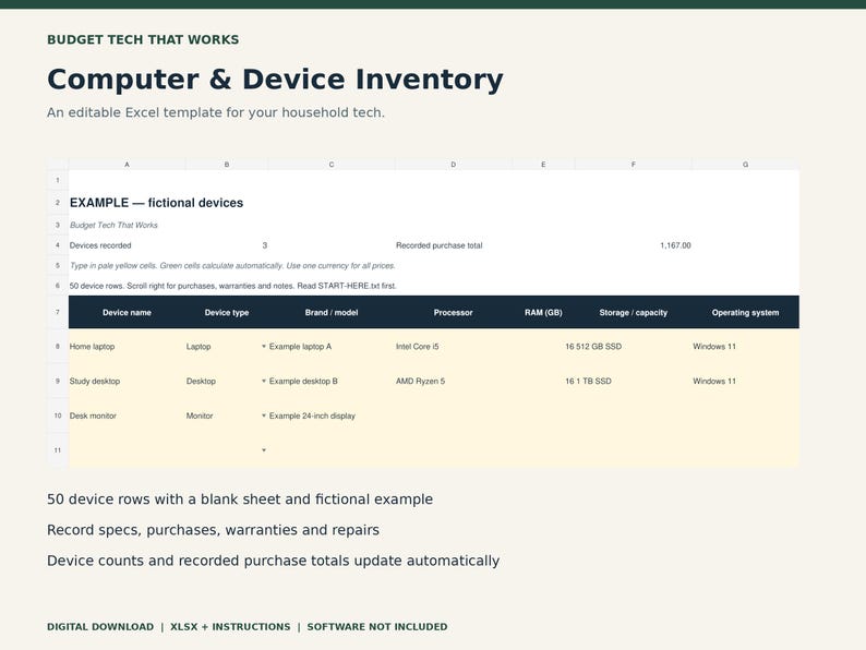 Puede incluir: Una plantilla de Excel editable para el inventario de tecnolog&iacute;a dom&eacute;stica titulada Computer & Device Inventory. La hoja de c&aacute;lculo presenta columnas para nombre del dispositivo, tipo, marca, procesador, RAM, almacenamiento y sistema operativo.
