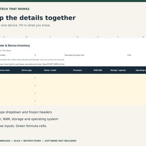 Puede incluir: Una plantilla de hoja de c&aacute;lculo digital titulada Computer & Device Inventory con columnas para nombre, tipo, marca, modelo, procesador, RAM, almacenamiento y sistema operativo. El dise&ntilde;o presenta celdas de entrada amarillo p&aacute;lido.