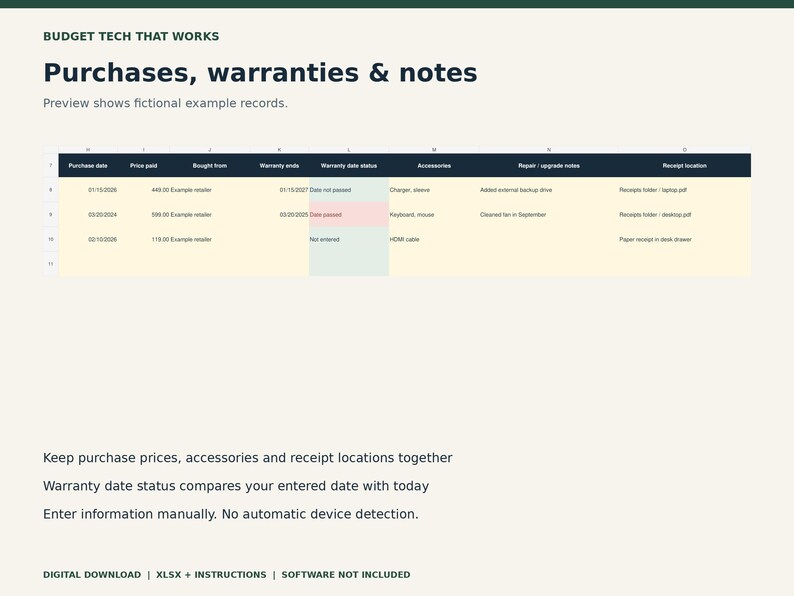 Puede incluir: Una plantilla de hoja de c&aacute;lculo digital titulada Purchases, warranties & notes con columnas para fecha de compra, precio, minorista, estado de garant&iacute;a, accesorios, notas de reparaci&oacute;n y ubicaci&oacute;n del recibo con datos ficticios.