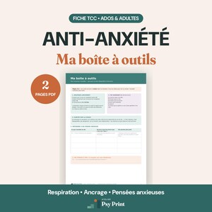 Może przedstawiać: Dwustronicowy dokument PDF zatytułowany Anti-Anxiété Ma boîte à outils, zawierający techniki terapii poznawczo-behawioralnej dla młodzieży i dorosłych. Układ zawiera sekcje dotyczące oddychania, ugruntowania i radzenia sobie z lękowymi myślami.